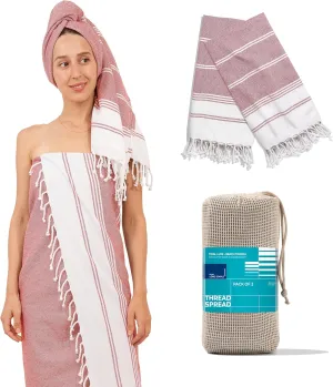 THREAD SPREAD Diamond Turkish Beach Towels 2 Pack - 100% Cotton Quick Dry Lightweight & Absorbent, Extra Large Turkish Bath Towels for Travel, Sand Free Oversized Pool Beach Towel (Red, 39" x 71")