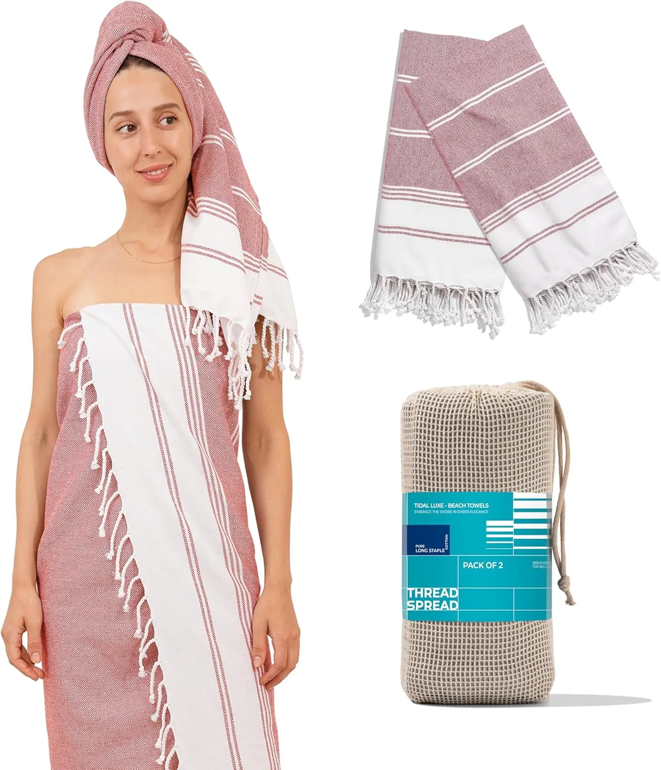 THREAD SPREAD Diamond Turkish Beach Towels 2 Pack - 100% Cotton Quick Dry Lightweight & Absorbent, Extra Large Turkish Bath Towels for Travel, Sand Free Oversized Pool Beach Towel (Red, 39" x 71")