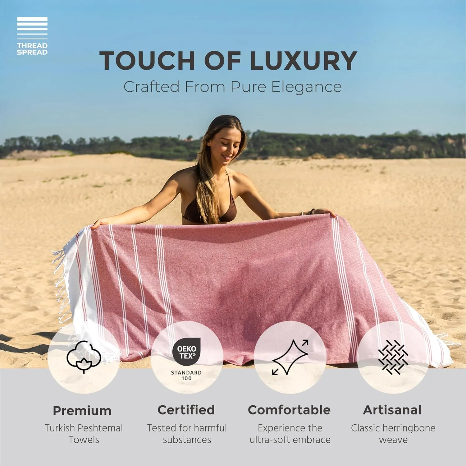 THREAD SPREAD Diamond Turkish Beach Towels 2 Pack - 100% Cotton Quick Dry Lightweight & Absorbent, Extra Large Turkish Bath Towels for Travel, Sand Free Oversized Pool Beach Towel (Red, 39" x 71")
