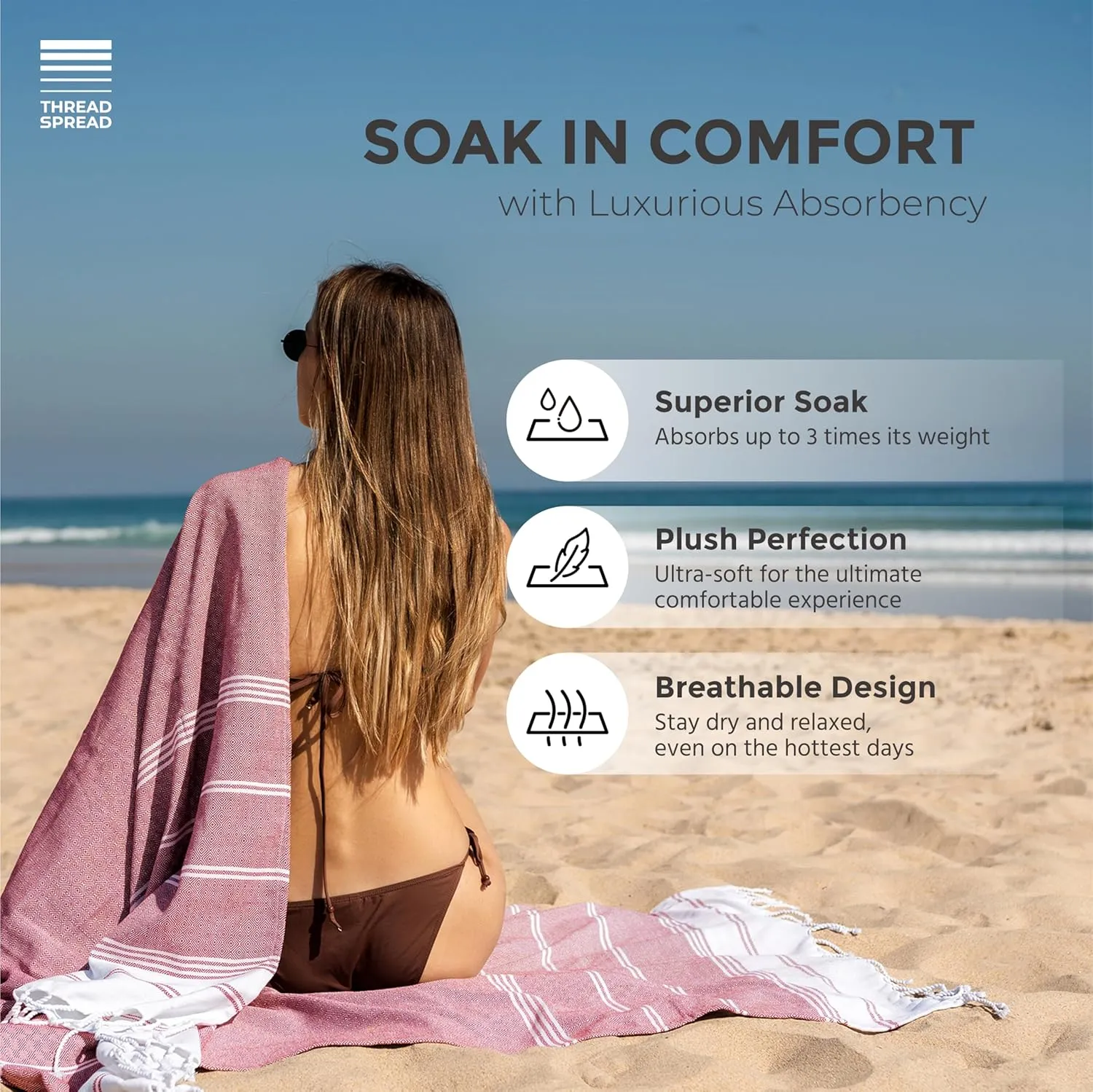 THREAD SPREAD Diamond Turkish Beach Towels 2 Pack - 100% Cotton Quick Dry Lightweight & Absorbent, Extra Large Turkish Bath Towels for Travel, Sand Free Oversized Pool Beach Towel (Red, 39" x 71")