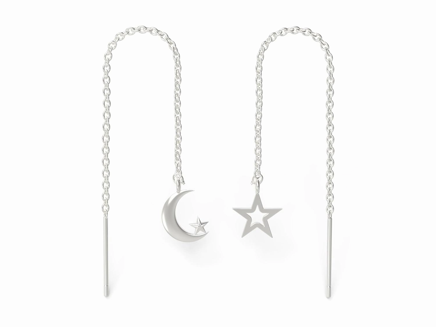 Threader Earrings Moon & Star Mis Match Earrings Celestial Earrings Second Ear Piercing Adjustable Lightweight Dangle Drop Earrings for Women Sterling Silver Boho Chic Handmade Jewelry