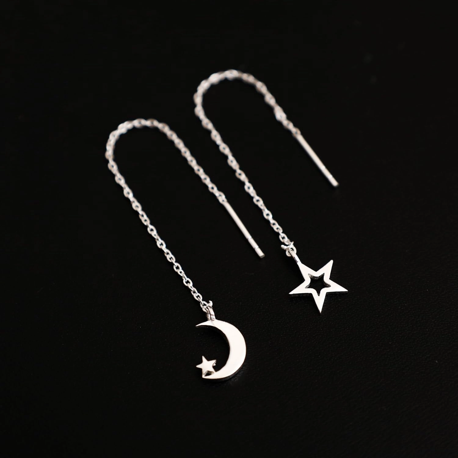 Threader Earrings Moon & Star Mis Match Earrings Celestial Earrings Second Ear Piercing Adjustable Lightweight Dangle Drop Earrings for Women Sterling Silver Boho Chic Handmade Jewelry