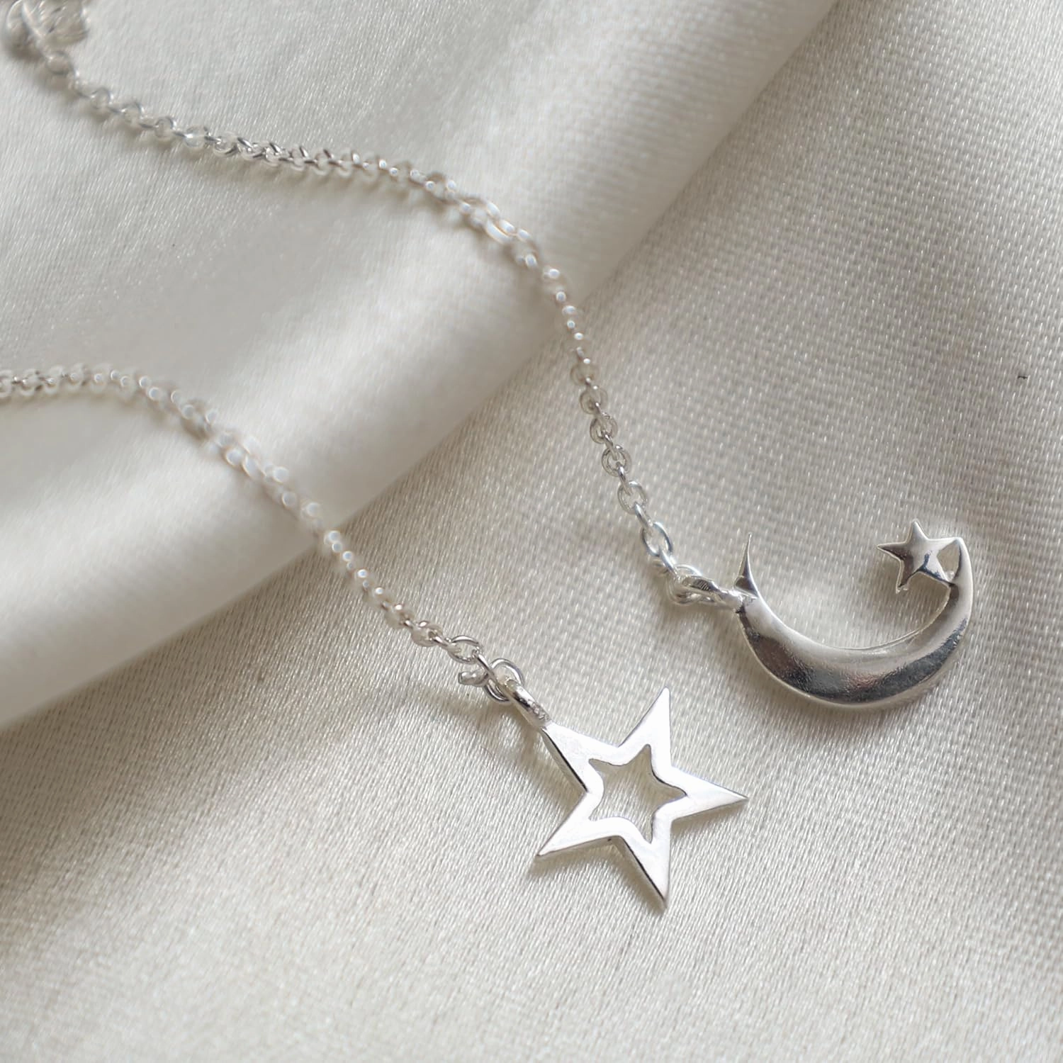 Threader Earrings Moon & Star Mis Match Earrings Celestial Earrings Second Ear Piercing Adjustable Lightweight Dangle Drop Earrings for Women Sterling Silver Boho Chic Handmade Jewelry