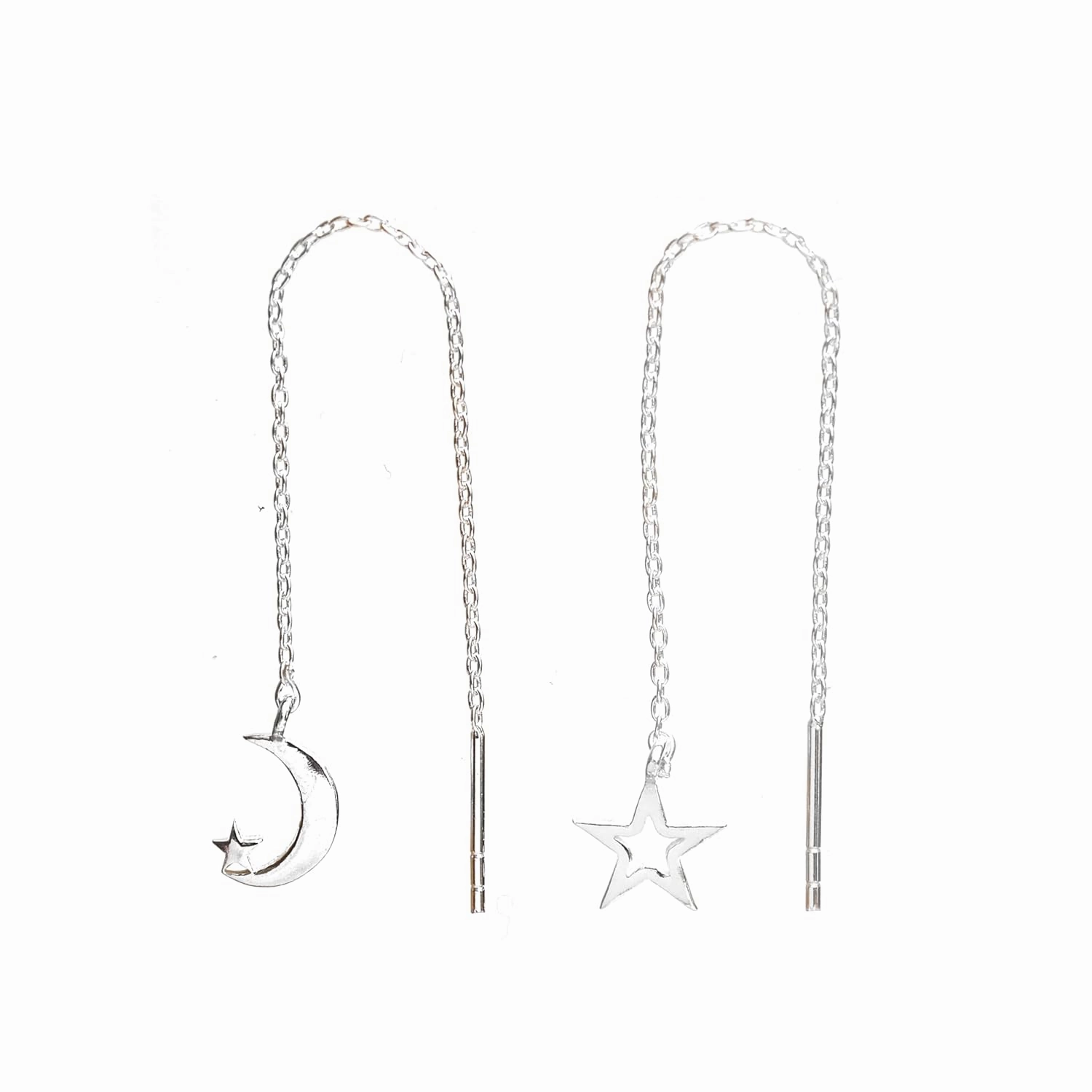 Threader Earrings Moon & Star Mis Match Earrings Celestial Earrings Second Ear Piercing Adjustable Lightweight Dangle Drop Earrings for Women Sterling Silver Boho Chic Handmade Jewelry