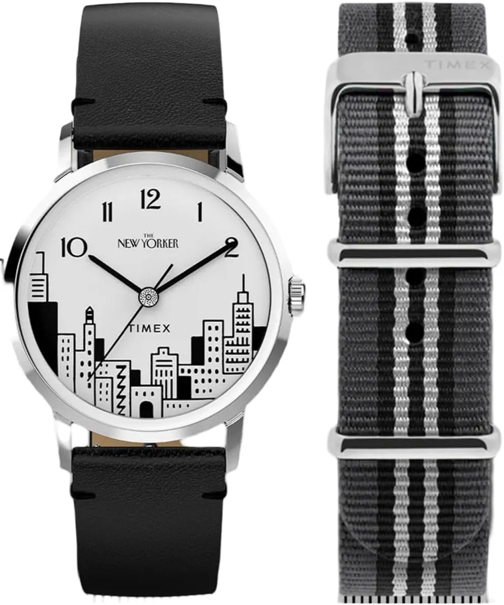 Timex Marlin Hand-Wound New Yorker Watch with NYC Skyline Dial Leather Band with Extra Fabric Strap TWG066100