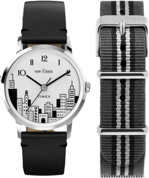 Timex Marlin Hand-Wound New Yorker Watch with NYC Skyline Dial Leather Band with Extra Fabric Strap TWG066100
