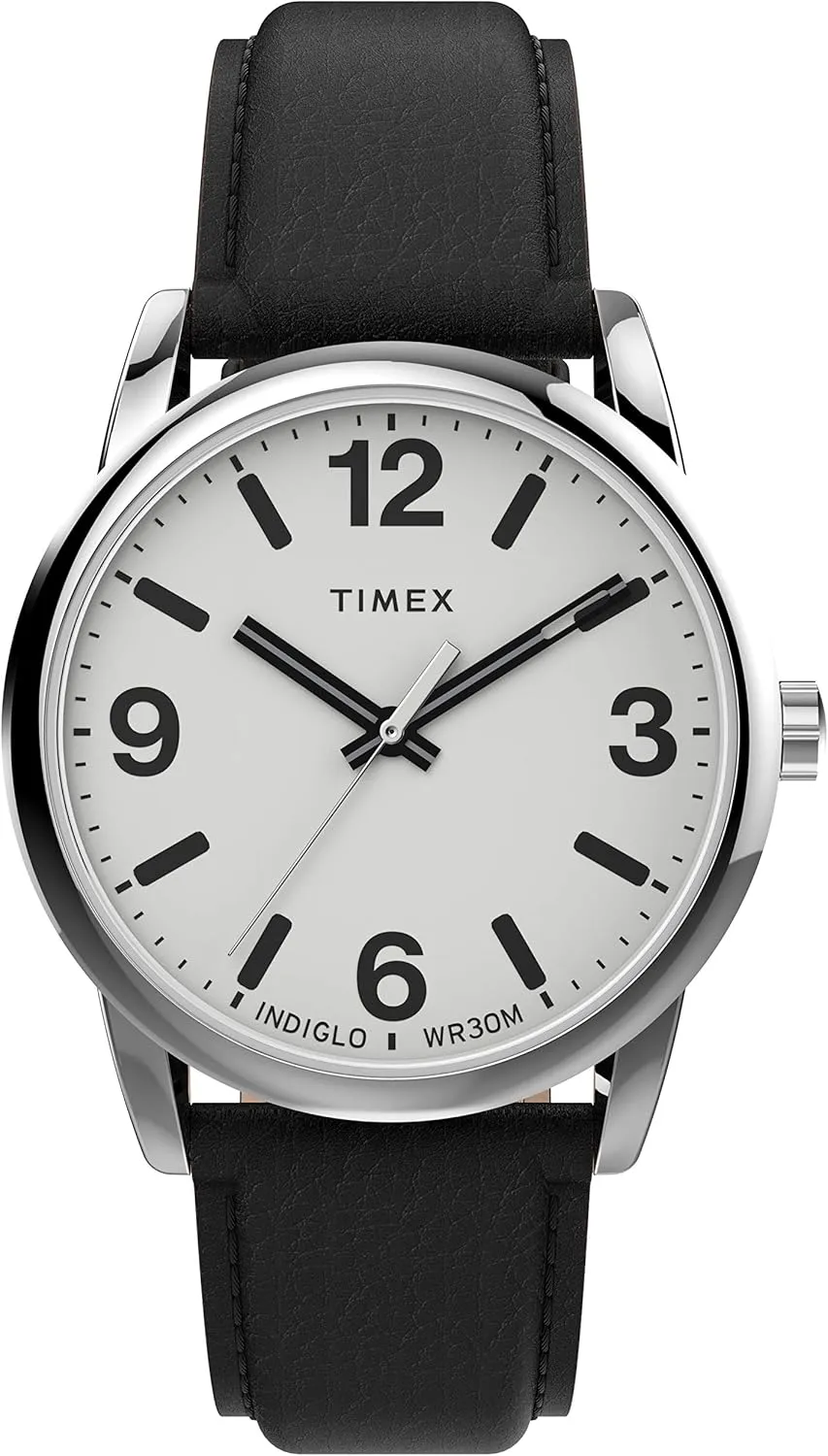 Timex Men's Easy Reader Bold 38mm Watch – Silver-Tone Case White Dial with Black Leather Strap
