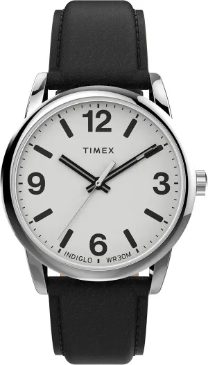 Timex Men's Easy Reader Bold 38mm Watch – Silver-Tone Case White Dial with Black Leather Strap
