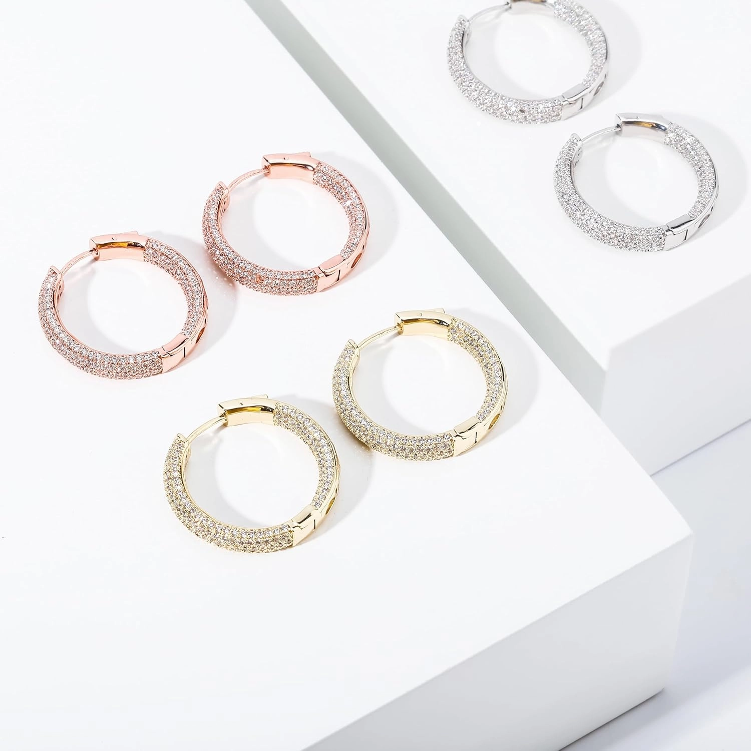 TOPGRILLZ Iced Out Hoop Earrings Cubic Zirconia Huggie Cartilage Cuff Hypoallergenic 14K Gold Plated Luxury Fashion Round Circle Earrings For Men Women