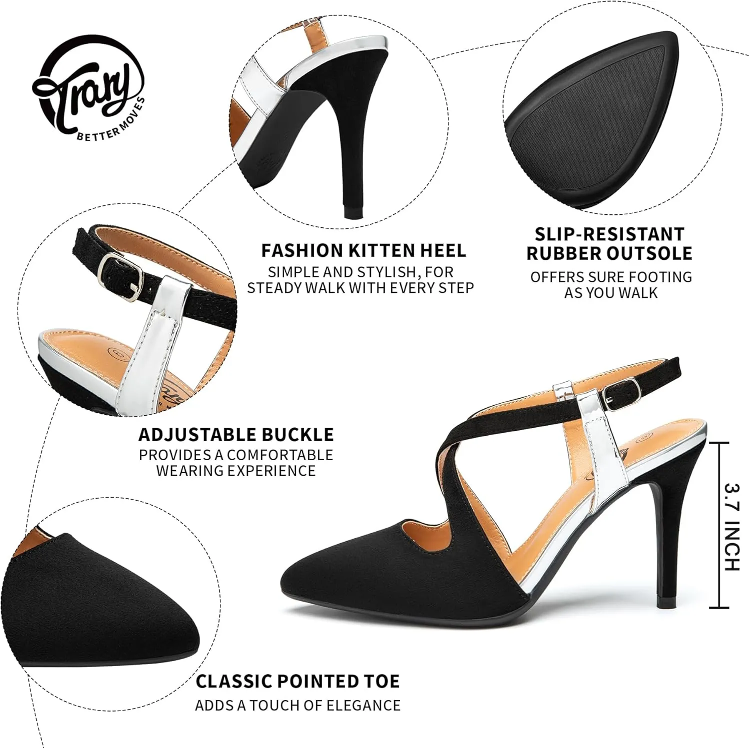 Trary Black Silver Gold Heels for Women Pointed Toe Stiletto Heels Sandals Slingback Crisscross Strap 3.7 Inches Adjustable Buckle Women's Pumps Fashion Comfortable Dress Shoes Party Prom Wedding