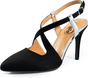 Trary Black Silver Gold Heels for Women Pointed Toe Stiletto Heels Sandals Slingback Crisscross Strap 3.7 Inches Adjustable Buckle Women's Pumps Fashion Comfortable Dress Shoes Party Prom Wedding