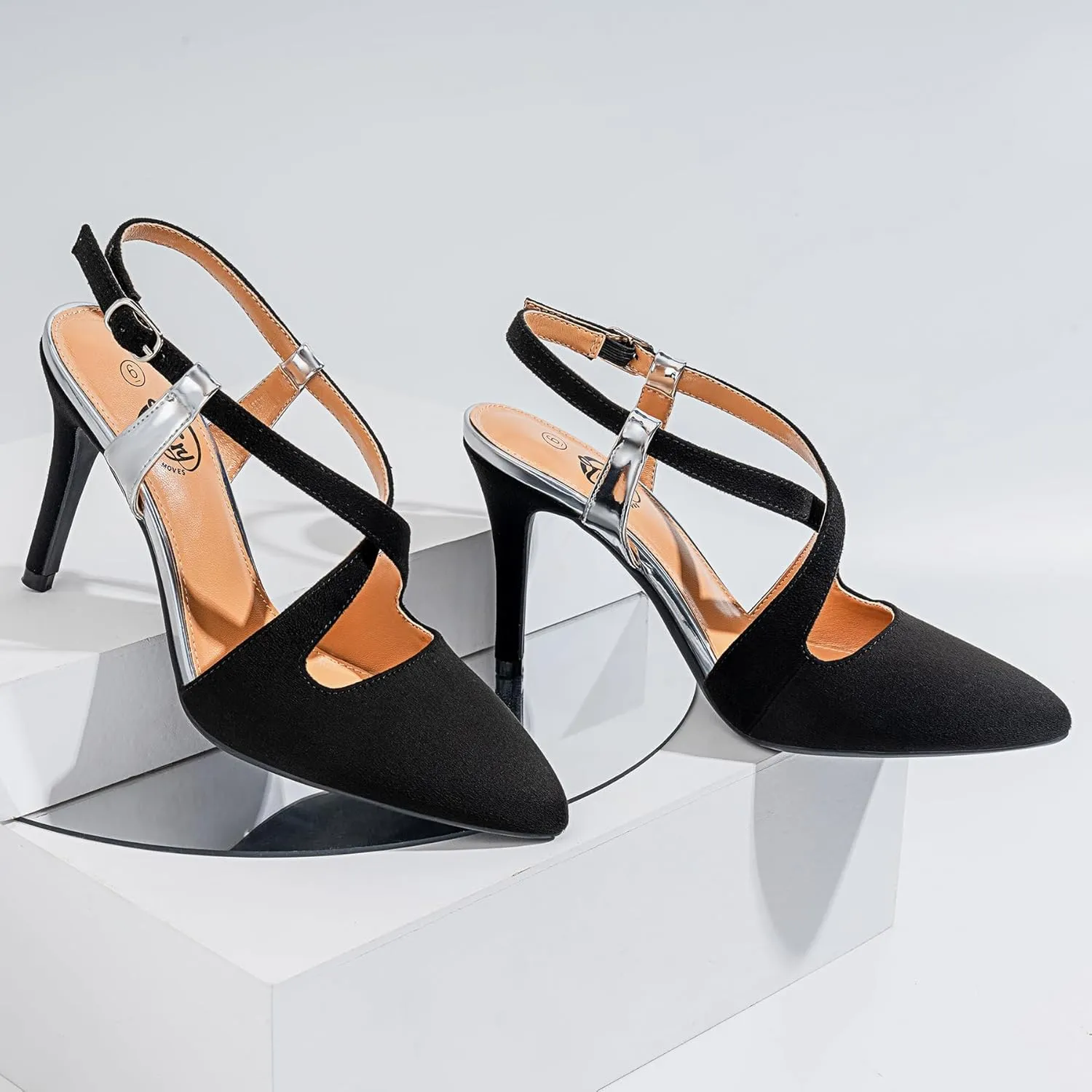 Trary Black Silver Gold Heels for Women Pointed Toe Stiletto Heels Sandals Slingback Crisscross Strap 3.7 Inches Adjustable Buckle Women's Pumps Fashion Comfortable Dress Shoes Party Prom Wedding