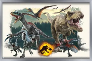Trends International Jurassic World: Dominion - Aggression Wall Poster, 22.375" x 34", Silver Framed Version