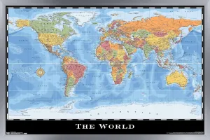 Trends International Map - World Wall Poster, 34L x 22.4W, Silver Framed Version