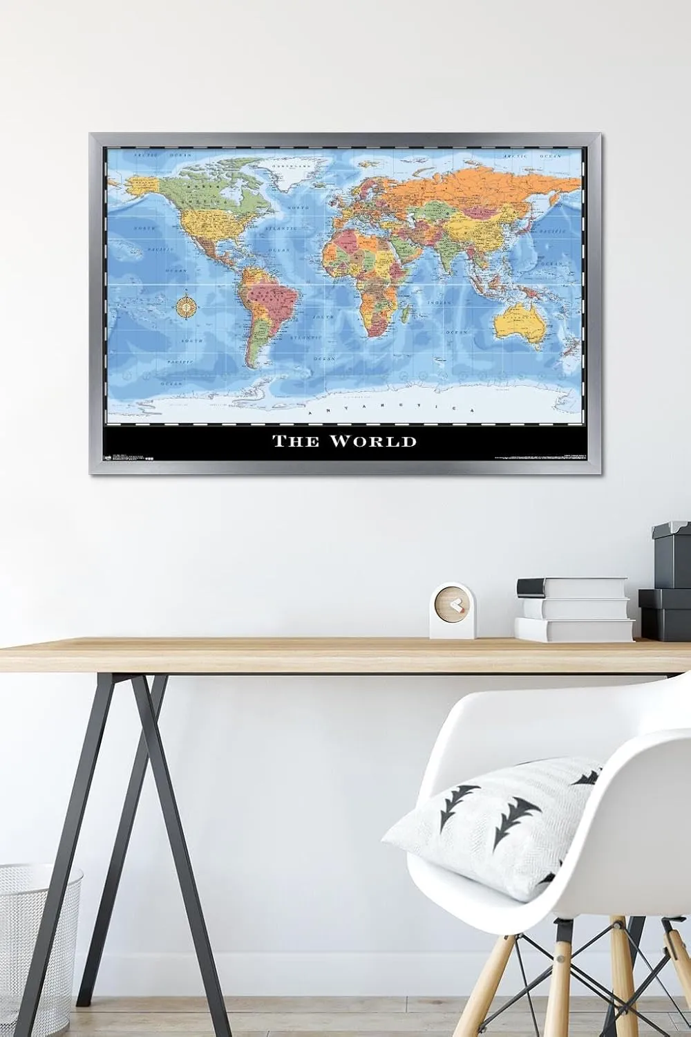 Trends International Map - World Wall Poster, 34L x 22.4W, Silver Framed Version