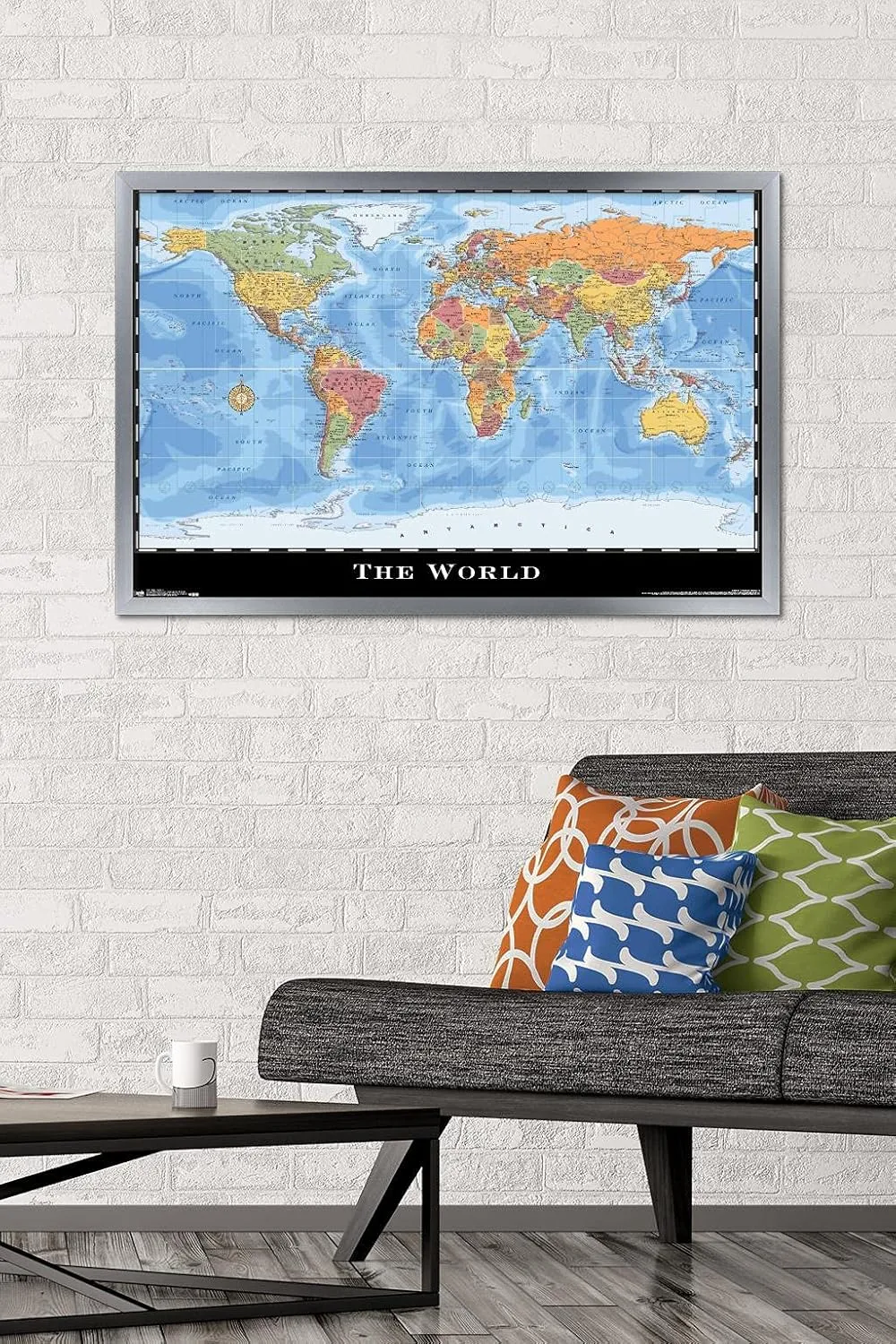 Trends International Map - World Wall Poster, 34L x 22.4W, Silver Framed Version