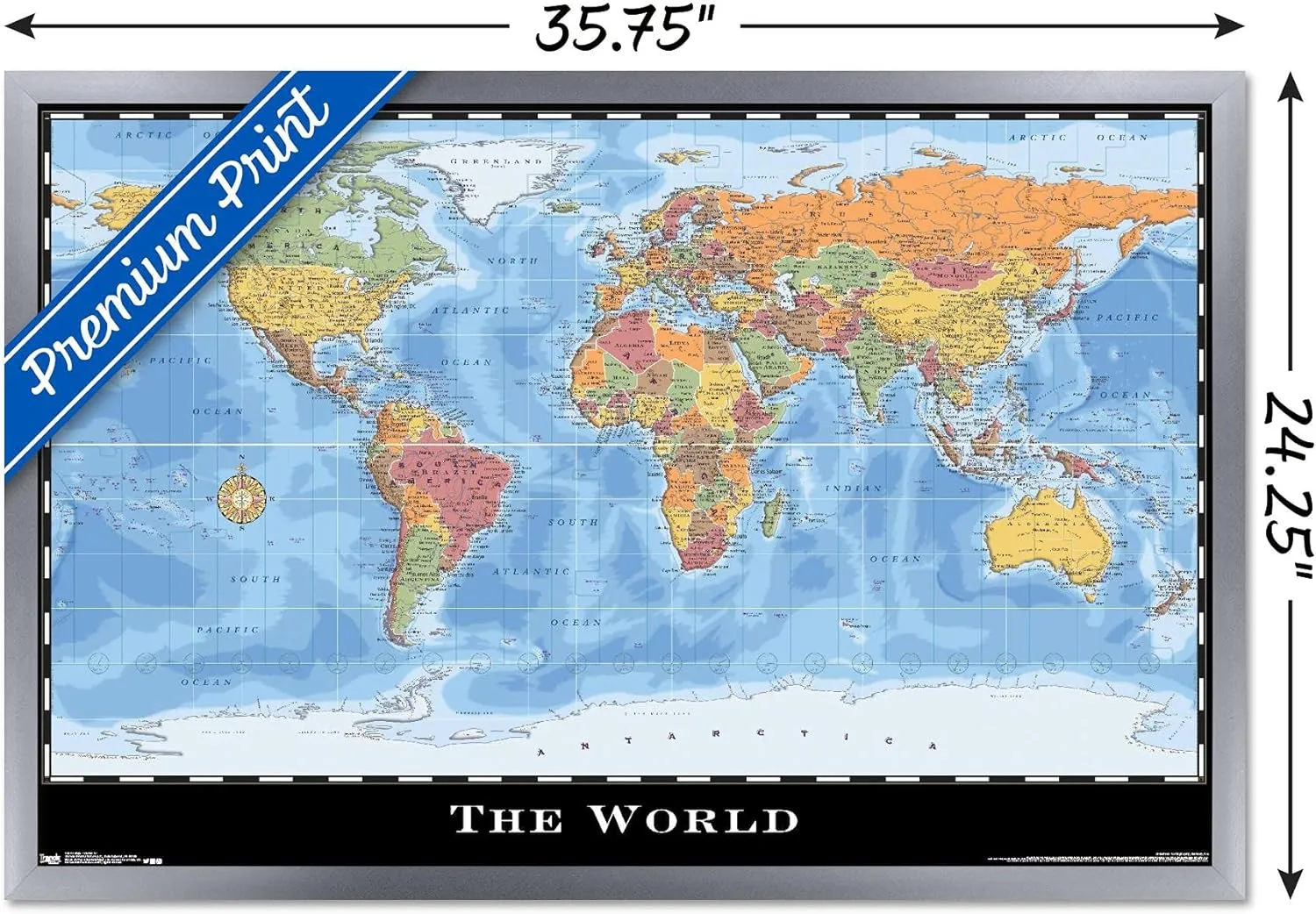 Trends International Map - World Wall Poster, 34L x 22.4W, Silver Framed Version