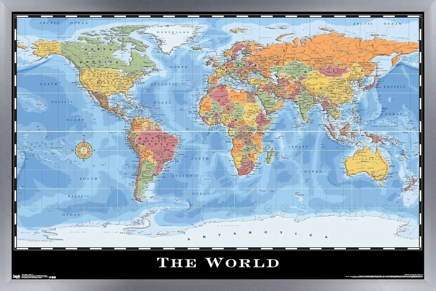 Trends International Map - World Wall Poster, 34L x 22.4W, Silver Framed Version