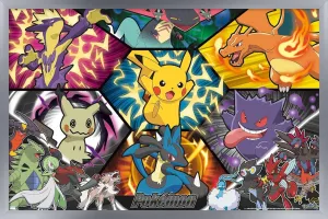 Trends International Pokémon: Battle Art - Group Wall Poster, 22.4L x 14.7W, Silver Framed Version
