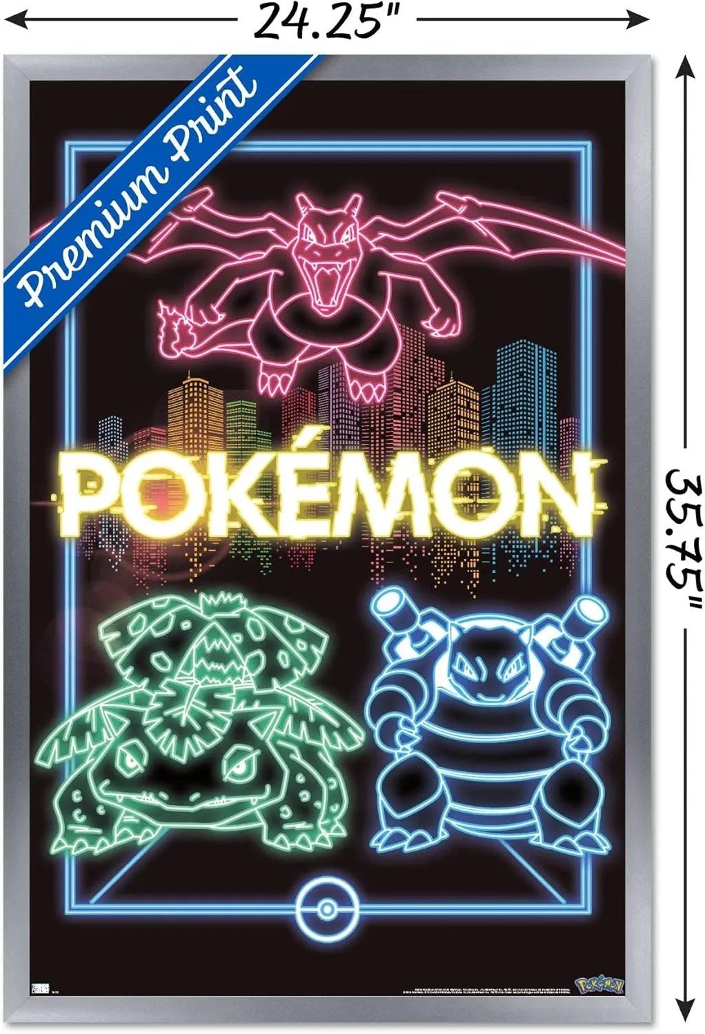 Trends International Pokémon - Neon Group Wall Poster, 22.375" x 34", Silver Framed Version