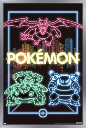 Trends International Pokémon - Neon Group Wall Poster, 22.375" x 34", Silver Framed Version