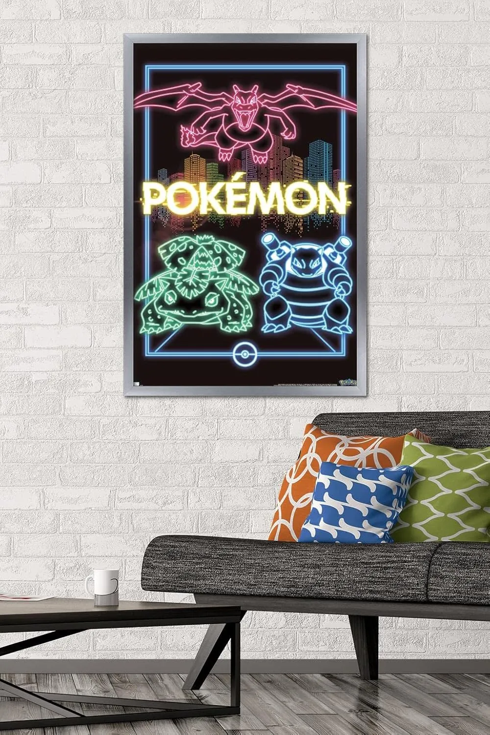 Trends International Pokémon - Neon Group Wall Poster, 22.375" x 34", Silver Framed Version