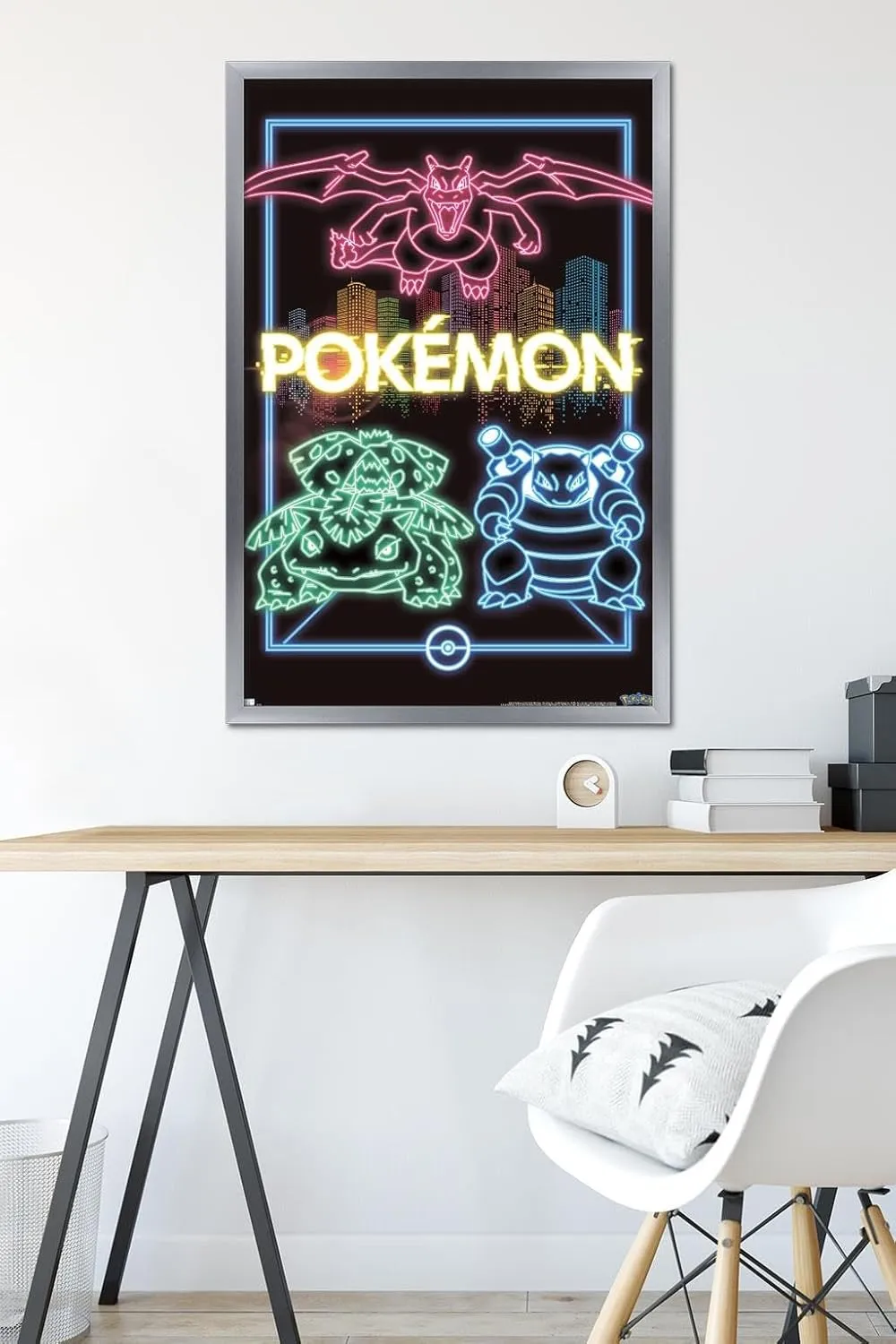 Trends International Pokémon - Neon Group Wall Poster, 22.375" x 34", Silver Framed Version