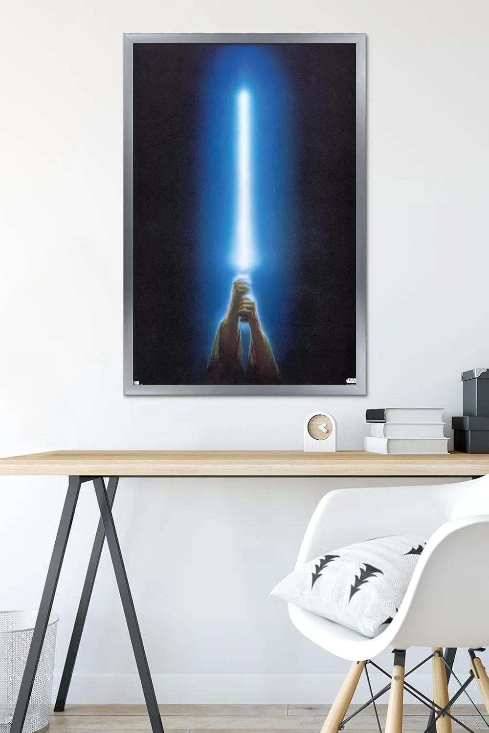 Trends International Star Wars: Original Trilogy - Blue Lightsaber Wall Poster, 34L x 22.4W, Silver Framed Version