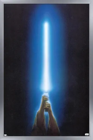 Trends International Star Wars: Original Trilogy - Blue Lightsaber Wall Poster, 34L x 22.4W, Silver Framed Version