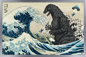 Trends International Godzilla - Great Wave Wall Poster, 22.4L x 14.7W, Silver Framed Version