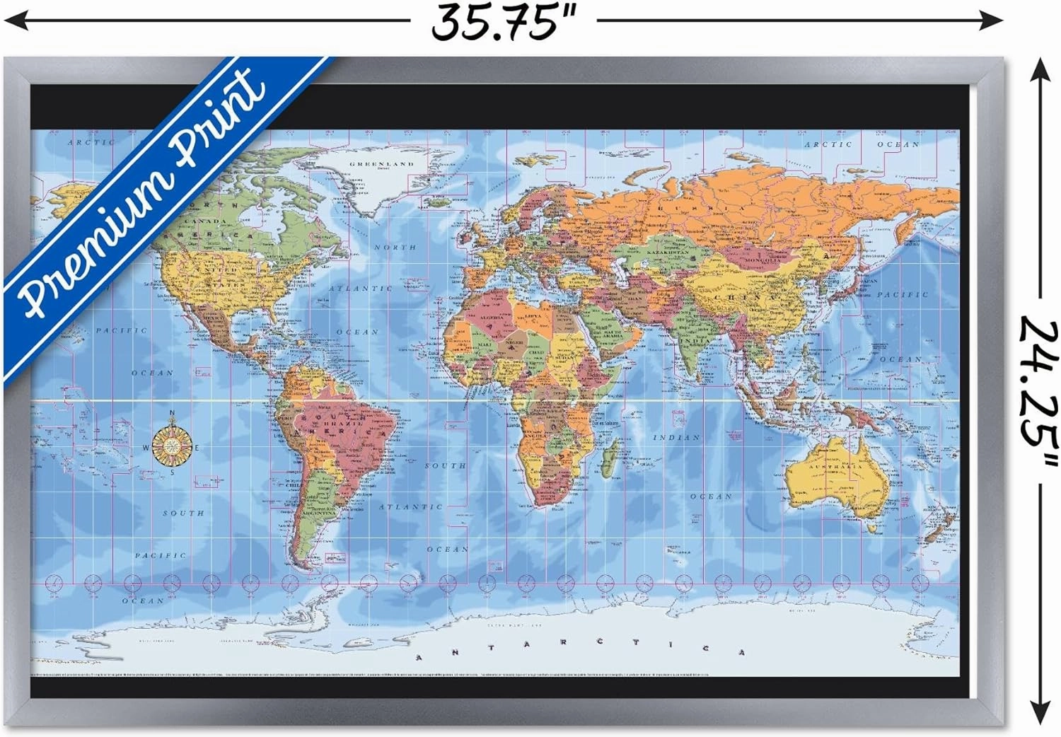 Trends International Map - World Time Zones Wall Poster, 22.375" x 34", Silver Framed Version