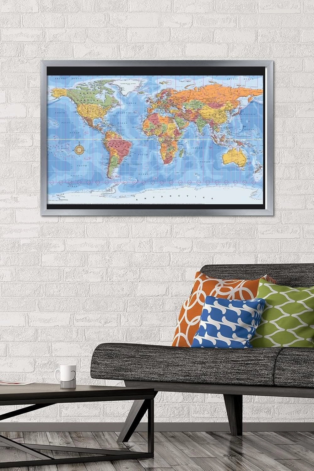 Trends International Map - World Time Zones Wall Poster, 22.375" x 34", Silver Framed Version