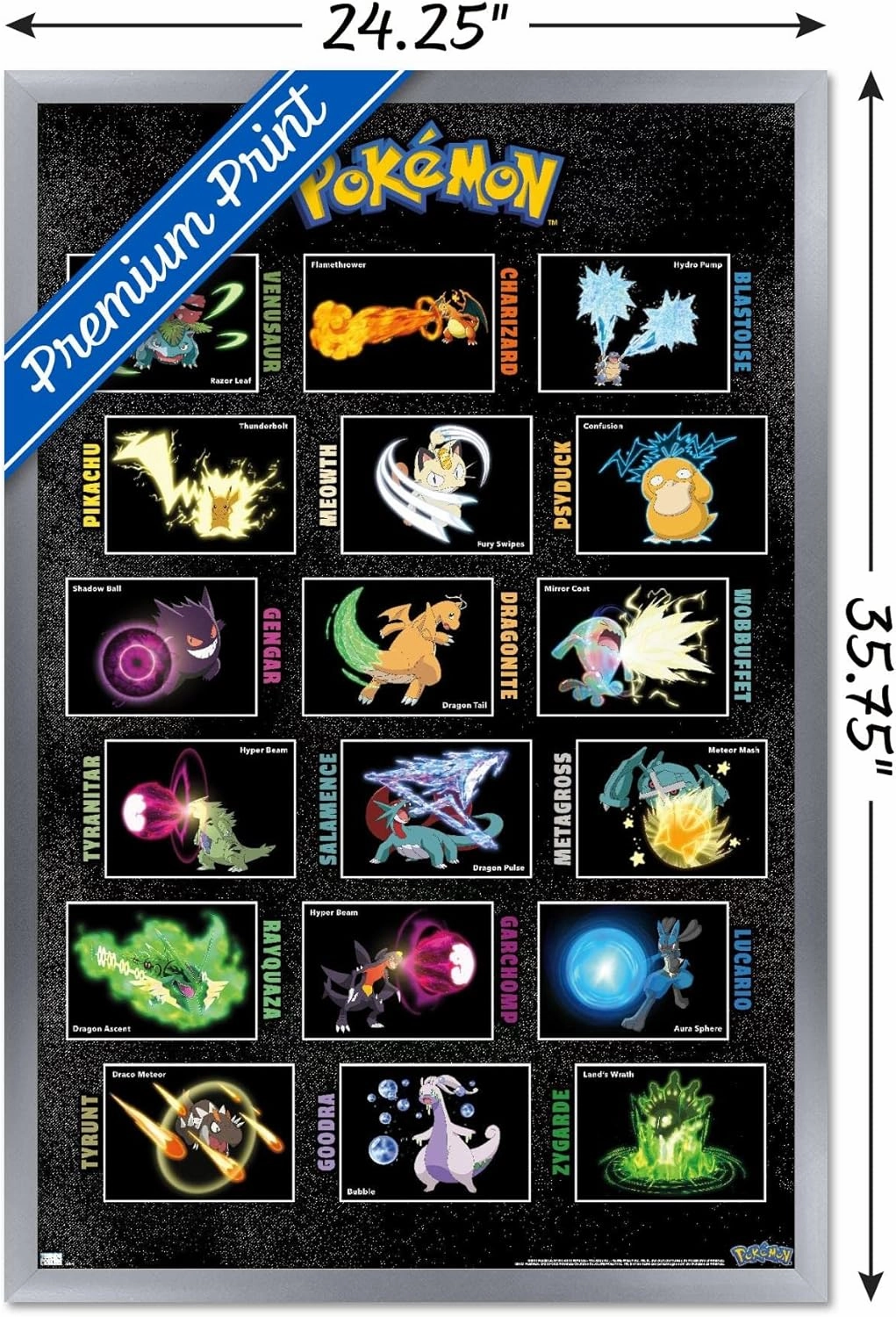 Trends International Pokémon - Moves Grid Wall Poster, 34L x 22.4W, Silver Framed Version