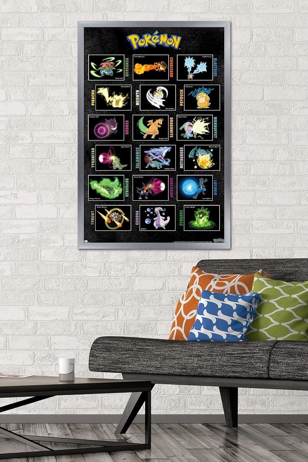 Trends International Pokémon - Moves Grid Wall Poster, 34L x 22.4W, Silver Framed Version