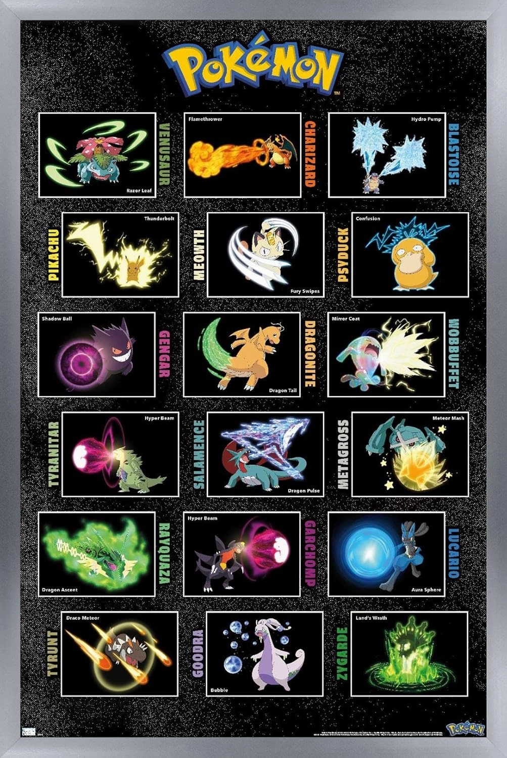 Trends International Pokémon - Moves Grid Wall Poster, 34L x 22.4W, Silver Framed Version