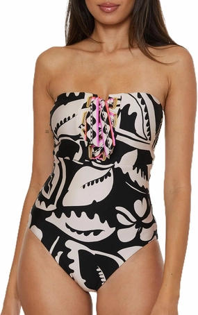 Trina Turk Women's Florence Bandeau Lace Up One Piece Swimsuit, Adjustable, Bathing Suits