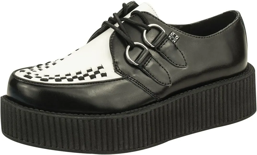 T.U.K. Black/White Leather Viva Mondo Creepers Shoes for Women and Men, Lace Up Platform Shoes | US Women 11 / Men 9