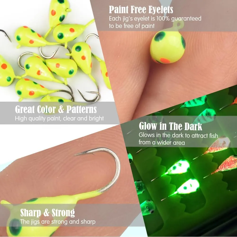 Tungsten Ice Fishing Jigs Kit, 3.2/4/5mm Glow in Dark Tear Drop Ice Fishing Lure Jigs with Waterproof Two-Sided Jig Box Assortment 20/24/30