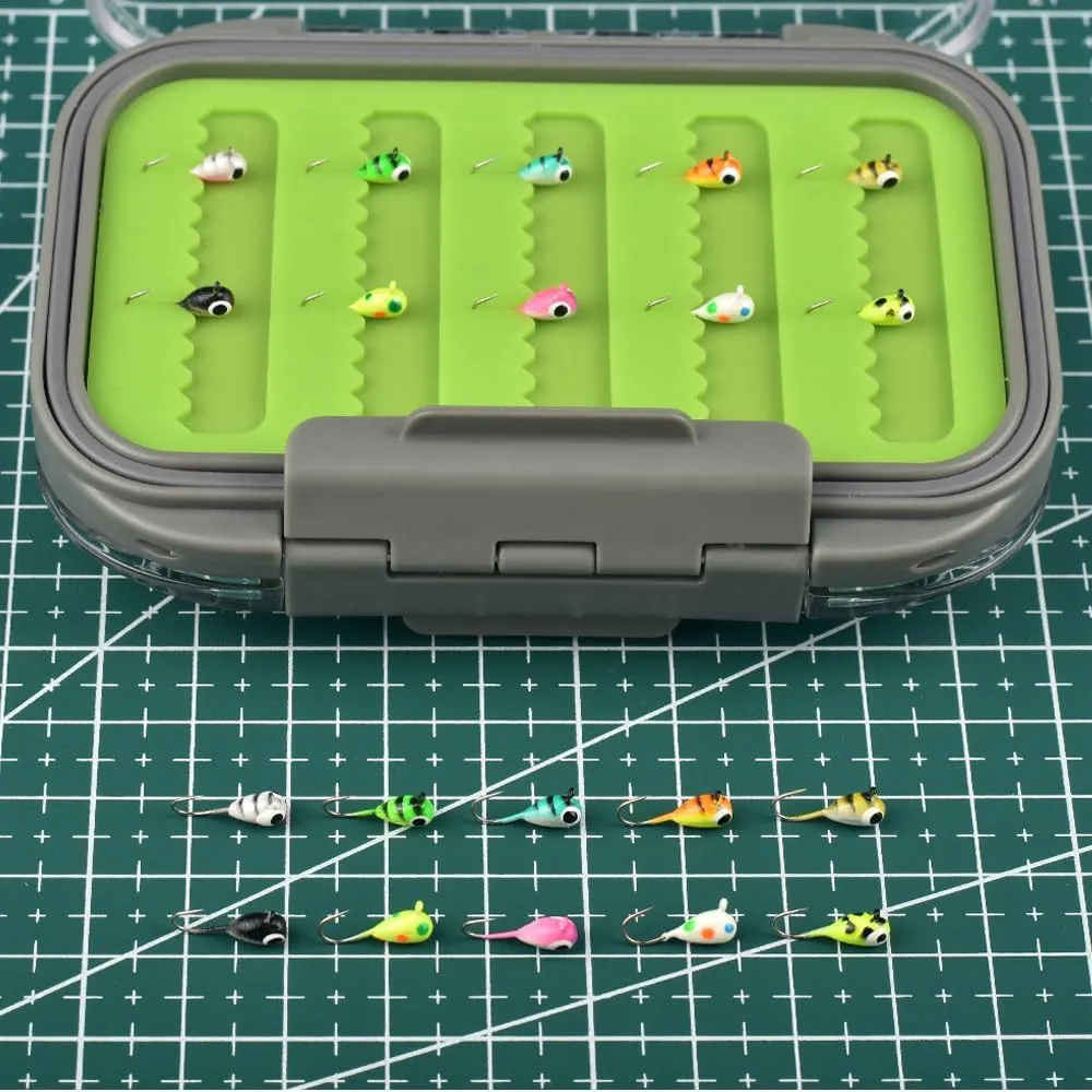 Tungsten Ice Fishing Jigs Kit, 3.2/4/5mm Glow in Dark Tear Drop Ice Fishing Lure Jigs with Waterproof Two-Sided Jig Box Assortment 20/24/30