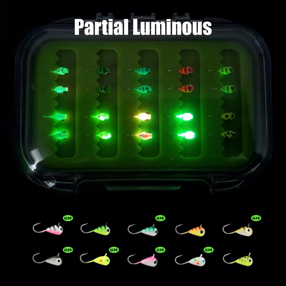 Tungsten Ice Fishing Jigs Kit, 3.2/4/5mm Glow in Dark Tear Drop Ice Fishing Lure Jigs with Waterproof Two-Sided Jig Box Assortment 20/24/30