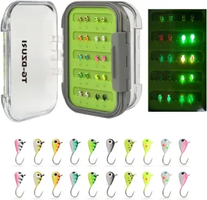 Tungsten Ice Fishing Jigs Kit, 3.2/4/5mm Glow in Dark Tear Drop Ice Fishing Lure Jigs with Waterproof Two-Sided Jig Box Assortment 20/24/30
