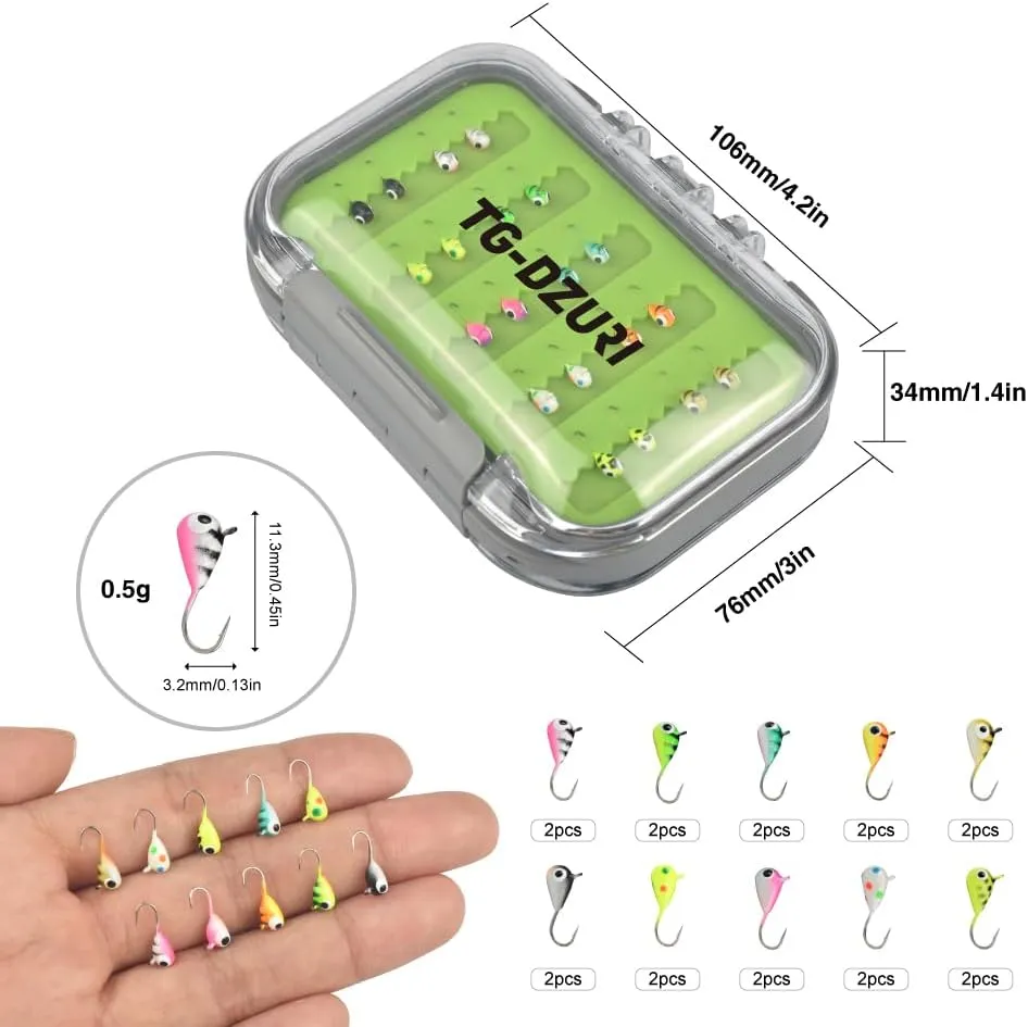 Tungsten Ice Fishing Jigs Kit, 3.2/4/5mm Glow in Dark Tear Drop Ice Fishing Lure Jigs with Waterproof Two-Sided Jig Box Assortment 20/24/30