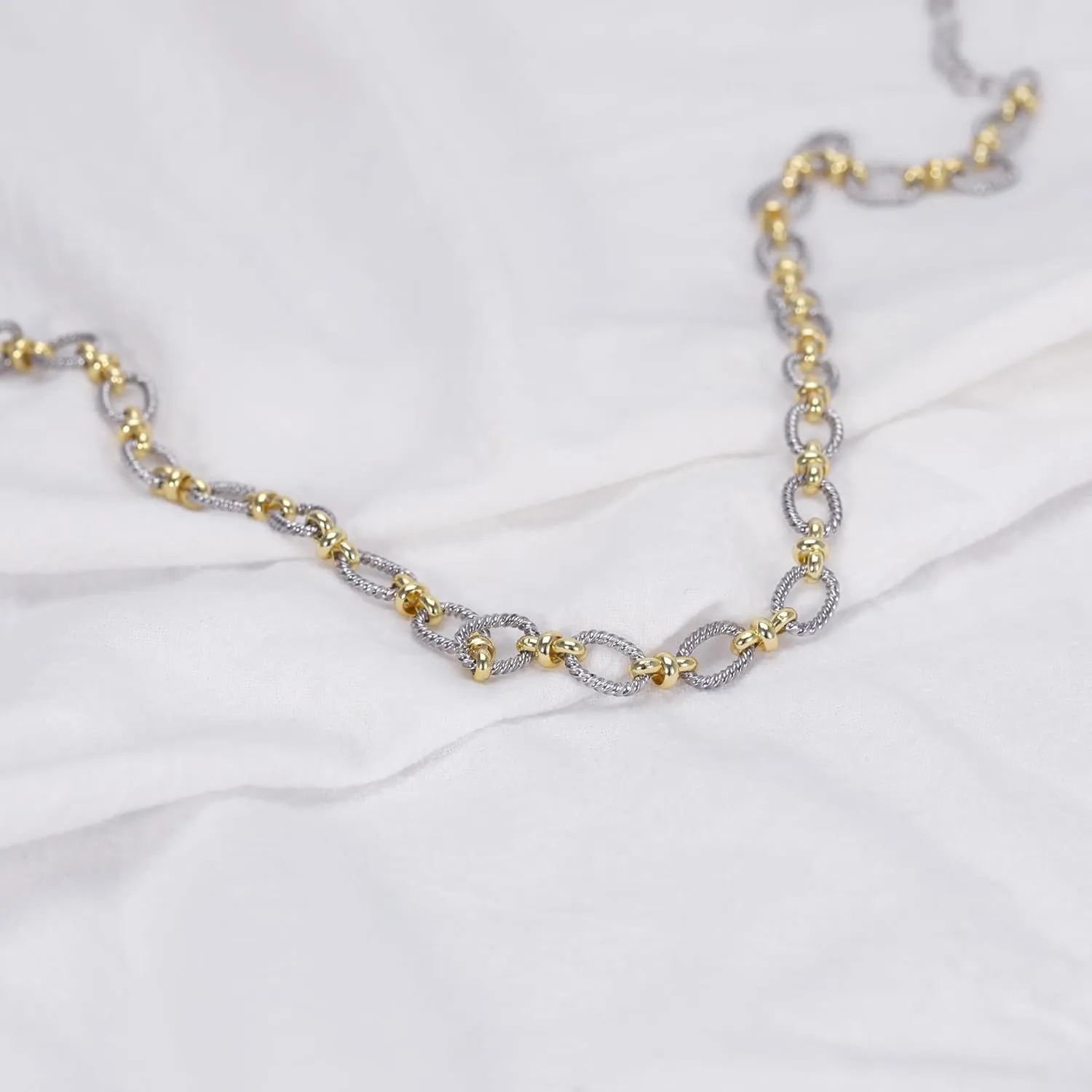 Two-Tone Cable Chain Necklace - Designer Inspired Twisted Rope Oval Link Statement Necklace, Gold Silver Plated Fashion Necklace for Women