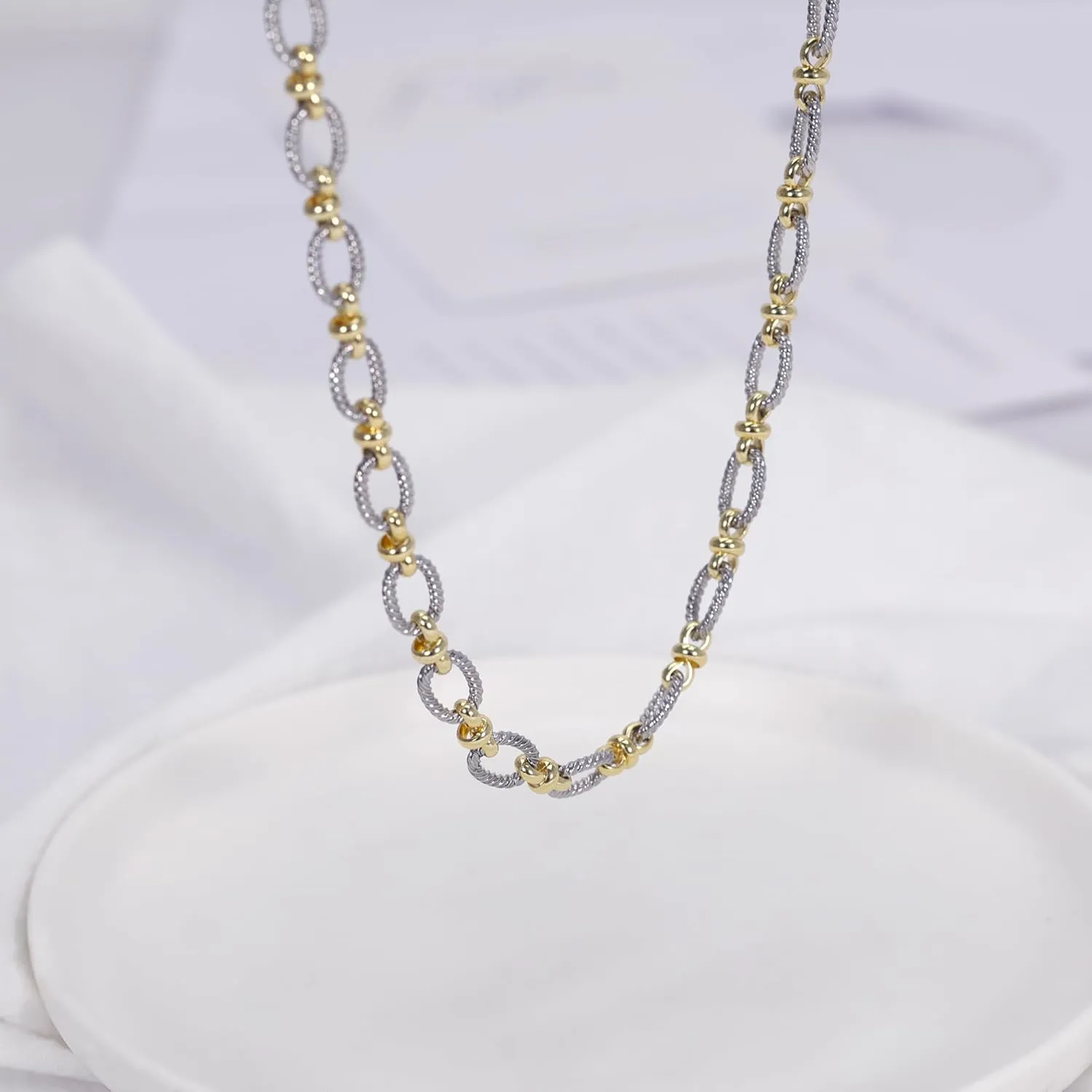 Two-Tone Cable Chain Necklace - Designer Inspired Twisted Rope Oval Link Statement Necklace, Gold Silver Plated Fashion Necklace for Women