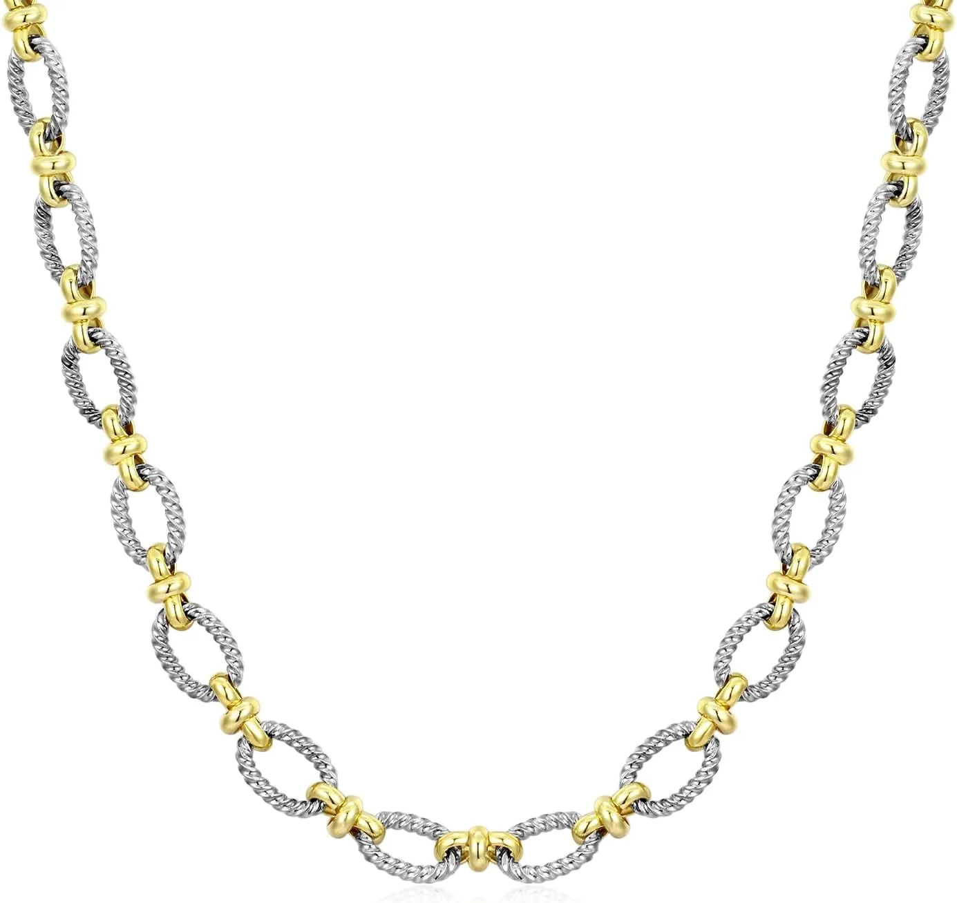 Two-Tone Cable Chain Necklace - Designer Inspired Twisted Rope Oval Link Statement Necklace, Gold Silver Plated Fashion Necklace for Women
