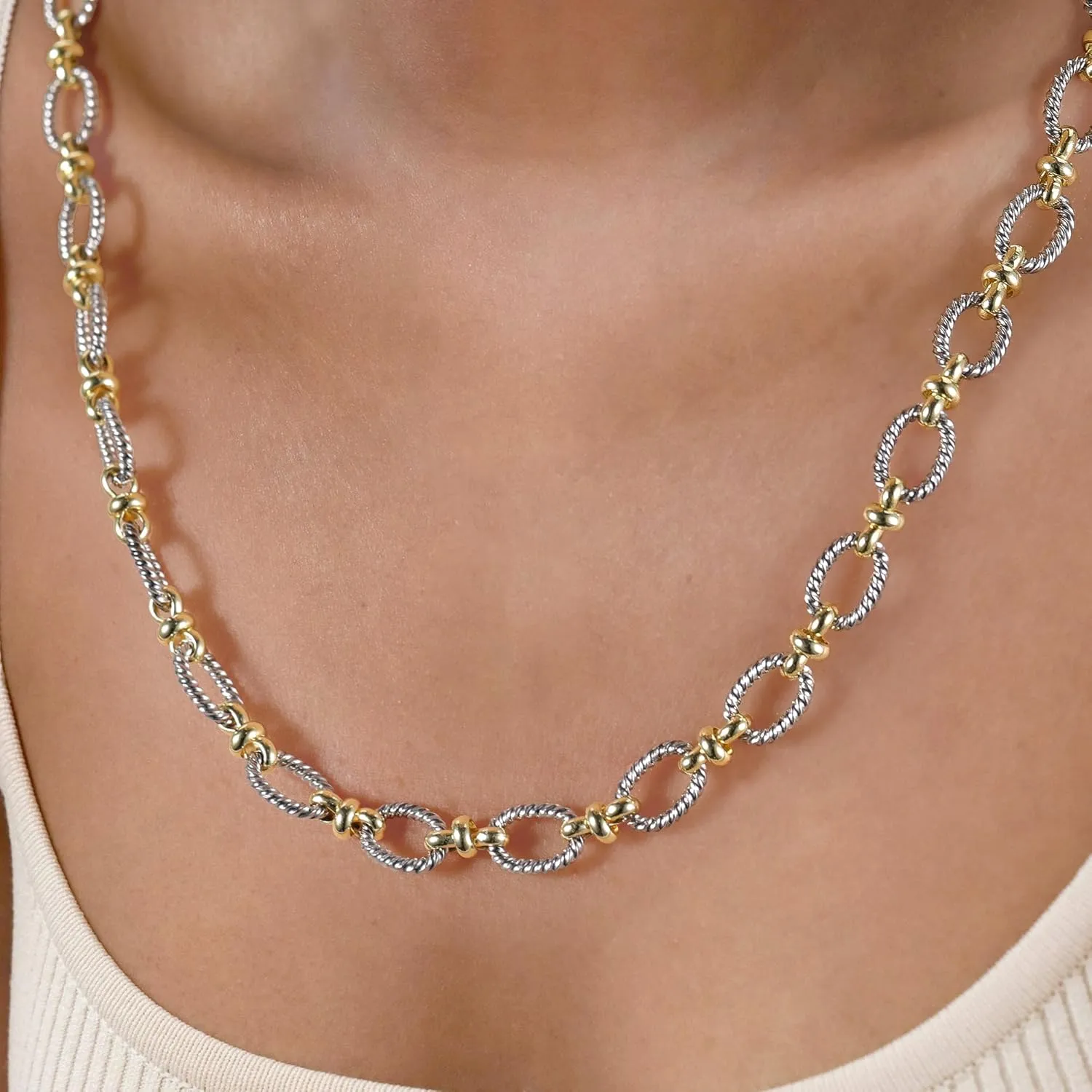 Two-Tone Cable Chain Necklace - Designer Inspired Twisted Rope Oval Link Statement Necklace, Gold Silver Plated Fashion Necklace for Women