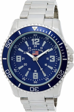 U.S. Polo Assn. Men's Silver Analog Quartz Watch with Blue Dial and Rotating Bezel – Classic Sport-Inspired Style with Bold Face Display Fits Wrists 5.5"-8"