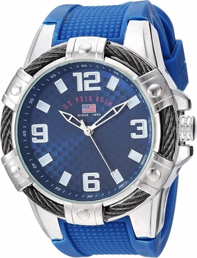 U.S. Polo Assn. Men’s Sport Watch with Blue Textured Strap Large 52mm Case Silver-Tone Bezel and Carbon-Pattern Dial with Bold Numbers and Durable Rubber Band Fits Wrists 5.5"-8"