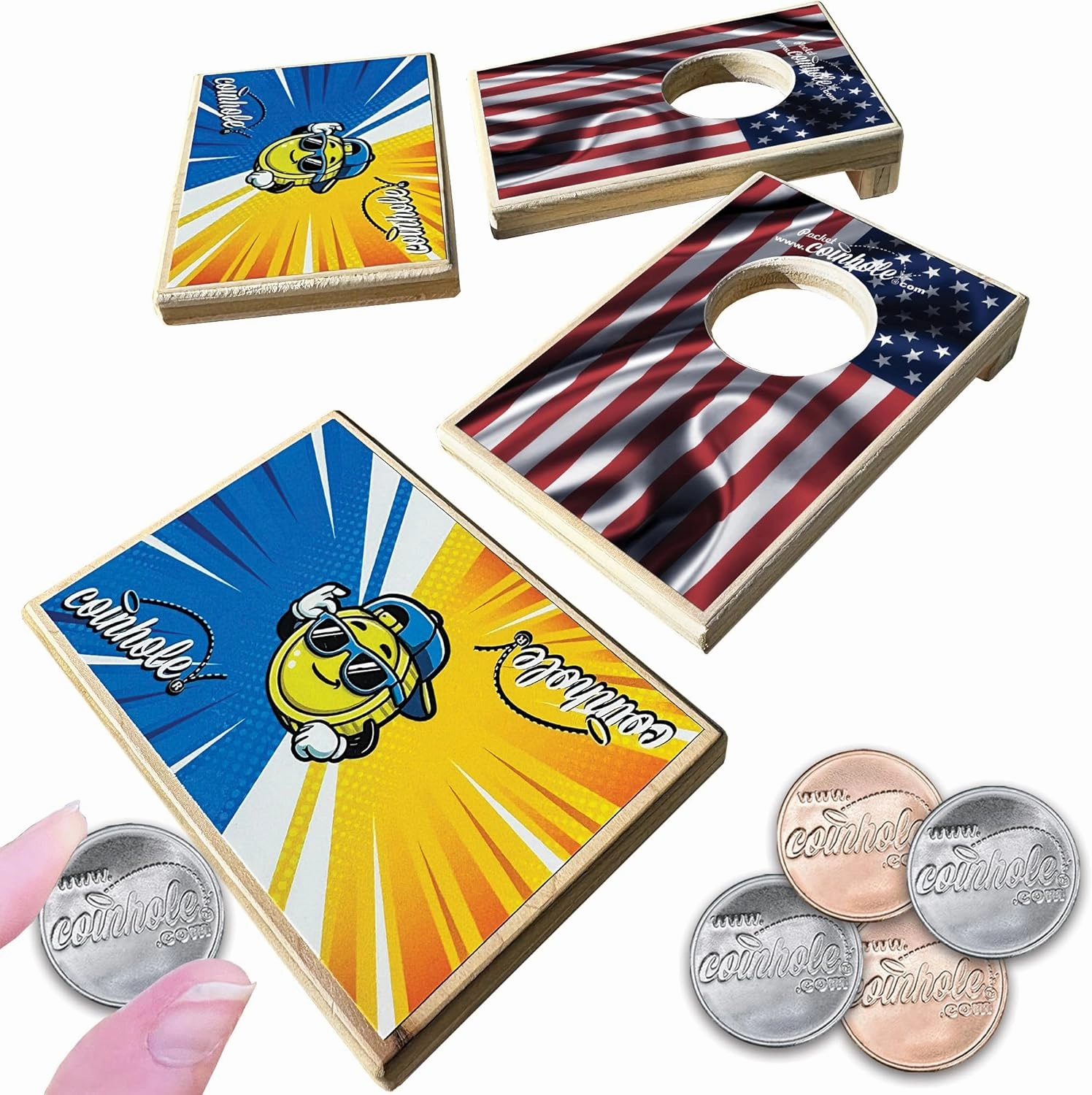 Ultimate Party Pack American Flag Edition | Pocket Mini Game Set Plus 12 Coin Pack with 2 Table-Saver Coasters