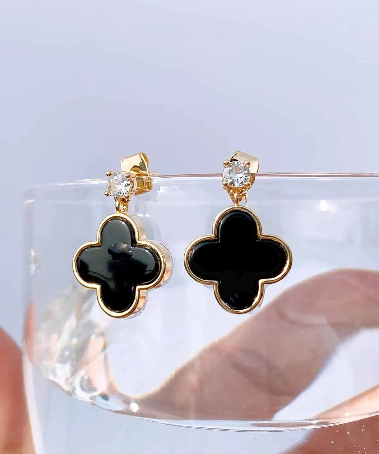 Unique Earrings for Women Trendy, 14K Gold Plated Four Leaf Clover Heart Butterfly Stud Dangle Earrings, Black Onyx White Huggie Earrings Birthday Christmas Valentine's Day Jewelry Gifts